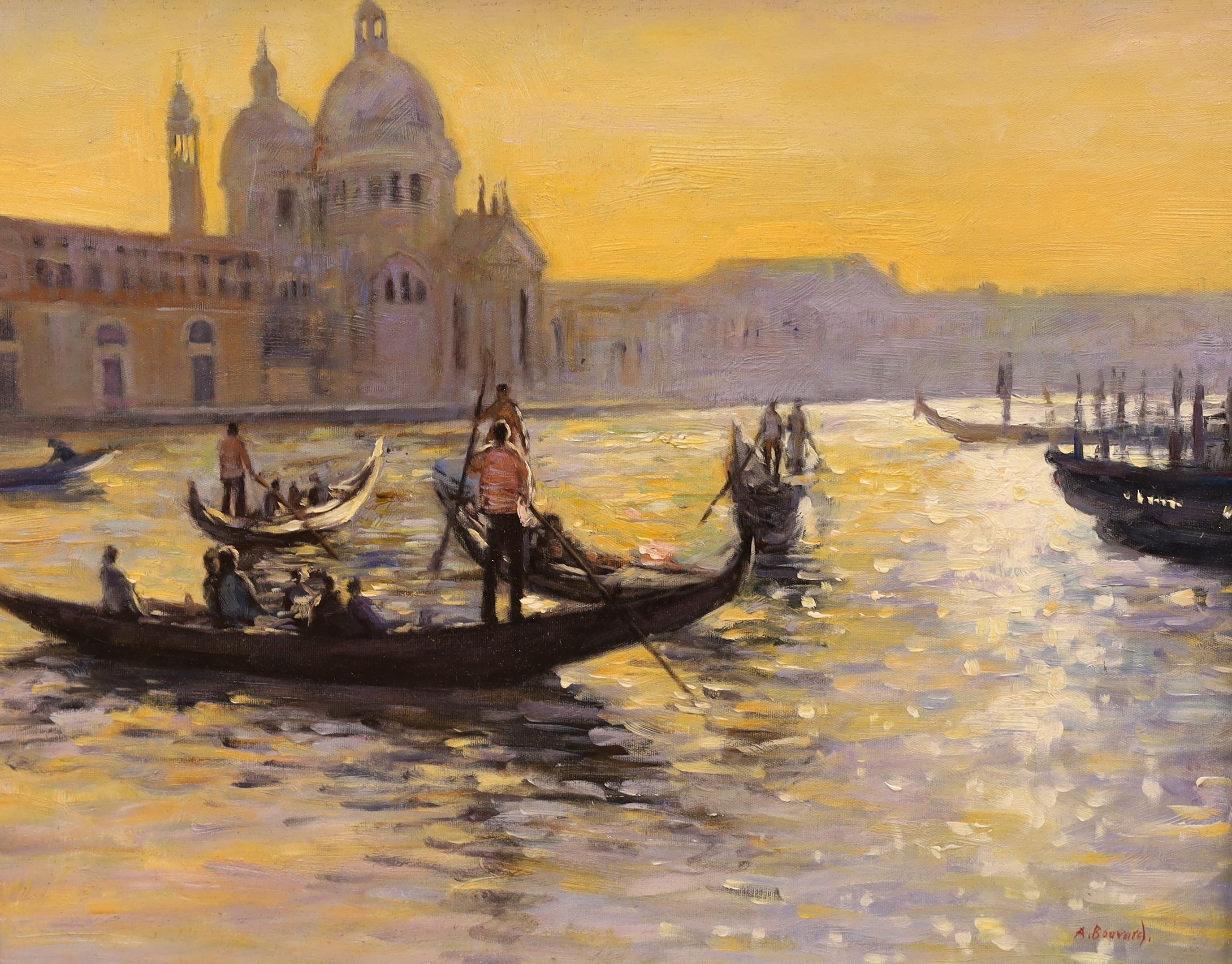 After Antoine Bouvard, oil on board, Gondoliers off Venice, bears signature, 40 x 50cm